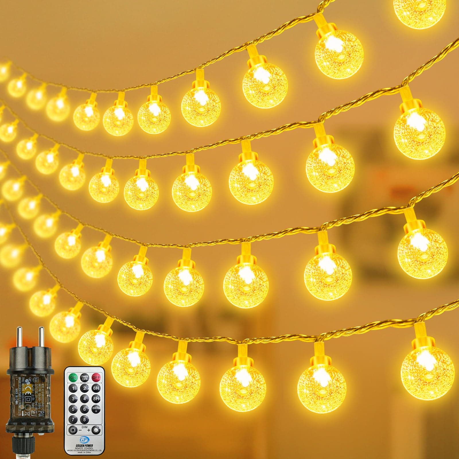 LED Lichterkette Strombetrieben, 15M Lichterkette Kugel warmweiß mit Stecker für Außen und Innen