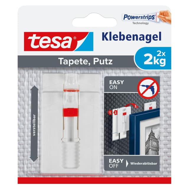 tesa Verstellbarer Klebenagel für Tapeten und Putz 2 kg - Höhenverstellbarer, selbstklebender Wandnagel - Bis zu 2 kg Halteleistung pro Nagel - 2-er Pack 2x 2,0kg