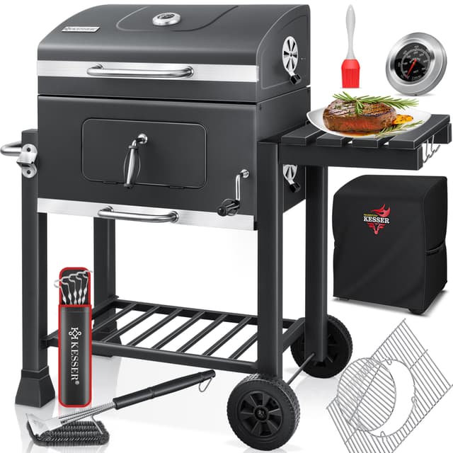 🔥 KESSER® Grillwagen BBQ Smoker XL Holzkohlegrill mit Deckel, Rädern, Edelstahl-Griff, Thermometer, Grillrost, Bürste, Abdeckhaube, 8 Spieße mit Tasche & Silikon-Pinsel, Standgrill, Kohlegrillwagen XL + Set Abdeckhaube + Spieße + Bürste Grau