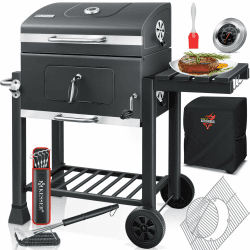 🔥 KESSER® Grillwagen BBQ Smoker XL Holzkohlegrill mit Deckel, Rädern, Edelstahl-Griff, Thermometer, Grillrost, Bürste, Abdeckhaube, 8 Spieße mit Tasche & Silikon-Pinsel, Standgrill, Kohlegrillwagen XL + Set Abdeckhaube + Spieße + Bürste Grau