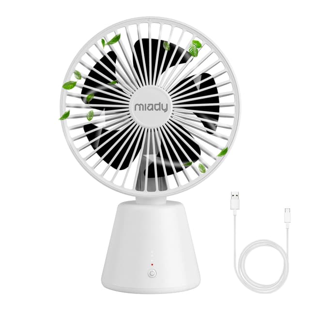 🌀 Miady Tischventilator Leise, 5000mAh USB Ventilator 135° Oszillation 3 Geschwindigkeiten, Typ C Wiederaufladbare Akku Mini Lüfter für Schreibtisch, Zuhause und Büro, Weiß - Sommerangebot!