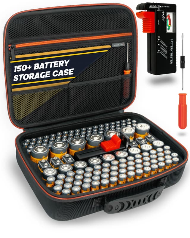 AKIELO+ Batterie Aufbewahrungsbox Mit Universalem Tester und Schraubendreher (Edition Max – Über 150+)