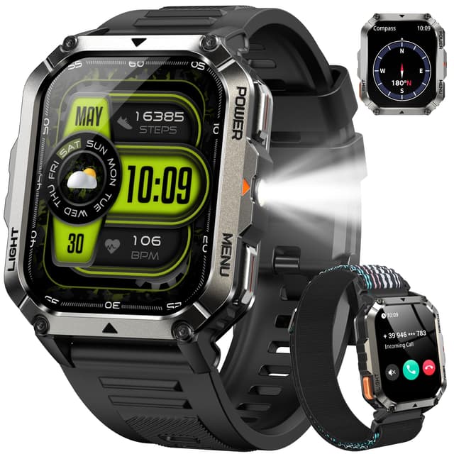 IOWODO Militär Smartwatch Herren 2,01 Zoll | LED Taschenlampe & Kompass | 900mAh/100 Tage Standby | 2 Armbänder | Bluetooth Anrufe | 100+ Sportmodi | IP68 Wasserdicht | 24/7 Gesundheitsmonitor Schwarz