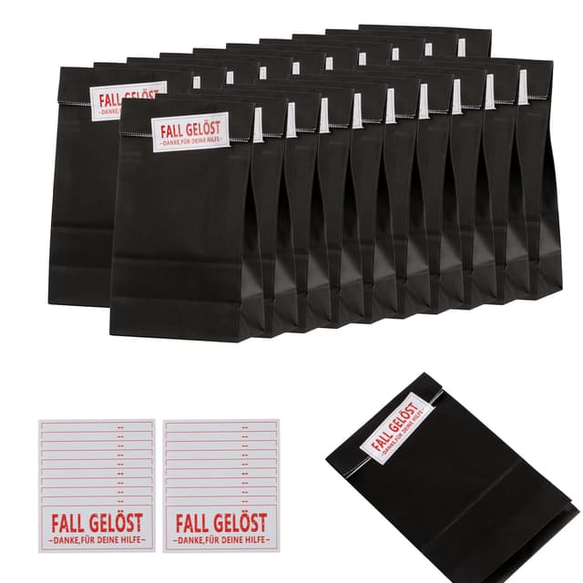 🔍 20 STK Papiertüten Schwarz mit Aufkleber Detektiv - Kindergeburtstag 🎉