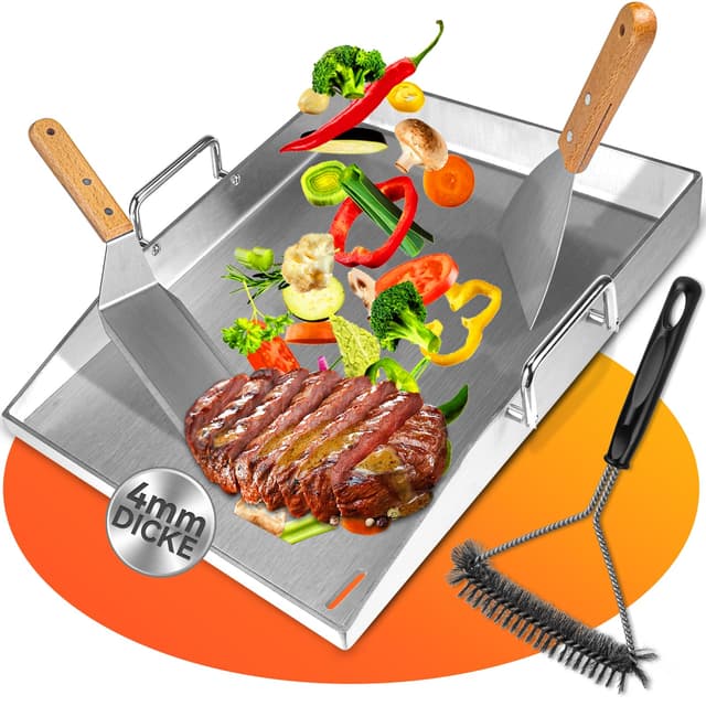 🔥 Plancha Grillplatte Set 30x40x4cm | Edelstahl | Grillspatel & Reinigungsbürste | Gas & Kohle Grill