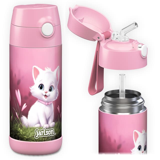 Angebot: Jarlson® Trinkflasche Kinder Edelstahl CHARLI mit Strohhalm - Thermosflasche 350ml - Katze 2.0