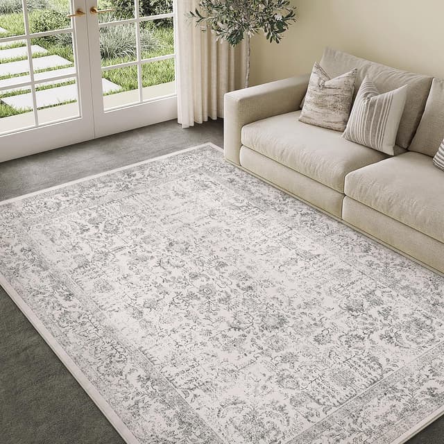 HUGEAR Vintage Grau Waschbarer Teppich Wohnzimmer 150x210cm Retro Rugs for Living Room Weich rutschfest Groß Tepich Kurzflor Schlafzimmer Carpet Living Room Bedroom Esszimmer Teppiche Büro Akzent Grau 150 x 210 cm (Rechteckig)