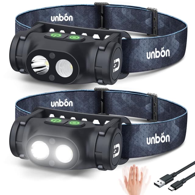 UNBON Stirnlampe LED Wiederaufladbar, Kopflampe Stirnlampe Aufladbar USB C Sehr Hell Dimmbar mit 3 Modi und Sensor, IPX4 Wasserdicht Magnet Stirnleuchte LED Wiederaufladbar für Wandern Angeln 2 Stück