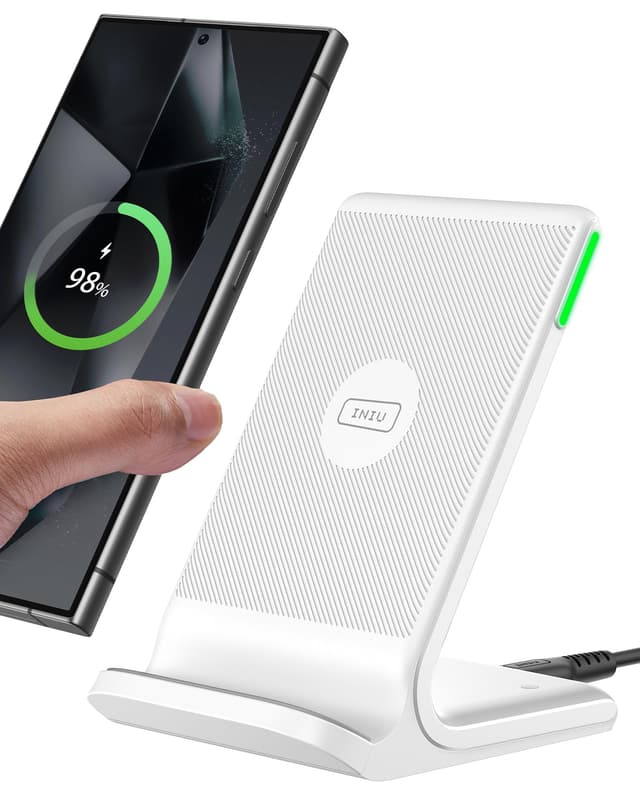 INIU Wireless Charger Stand, [Weiße, 15W] Induktive Ladestation Schnelles Qi Zertifiziert für iPhone 16 15 14 13 12 Pro Max Samsung Galaxy S23 S22 Google Pixel 1 Stück Weiß