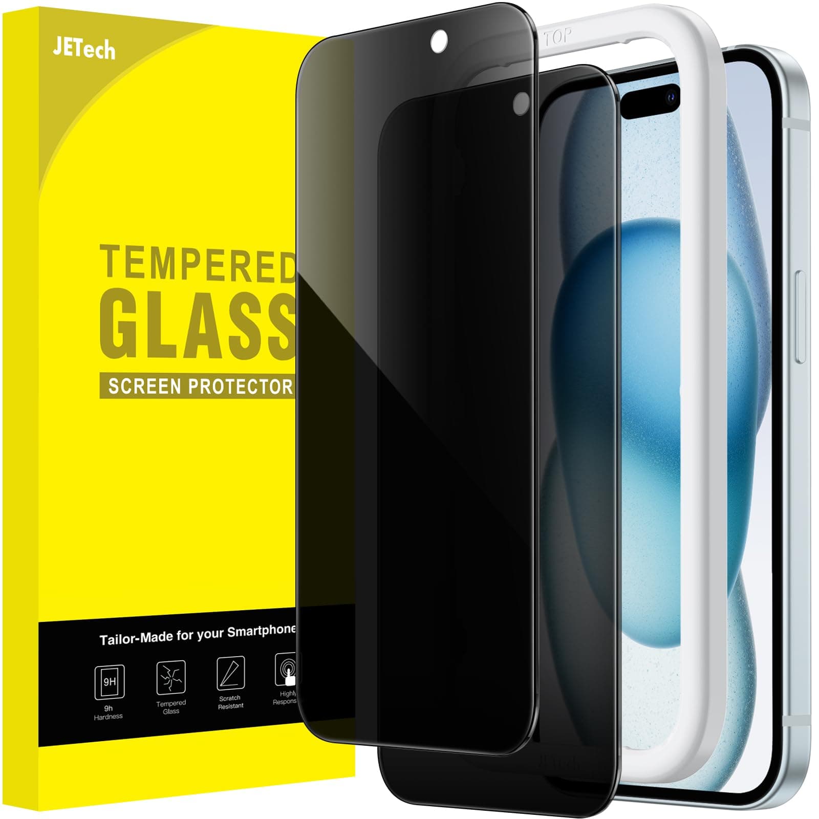 JETech Sichtschutz für iPhone 15 Plus 6,7 Zoll, Anti-Spähen Gehärtetes Glas Schutzfolie mit Einfaches Installationswerkzeug, 2 Stück