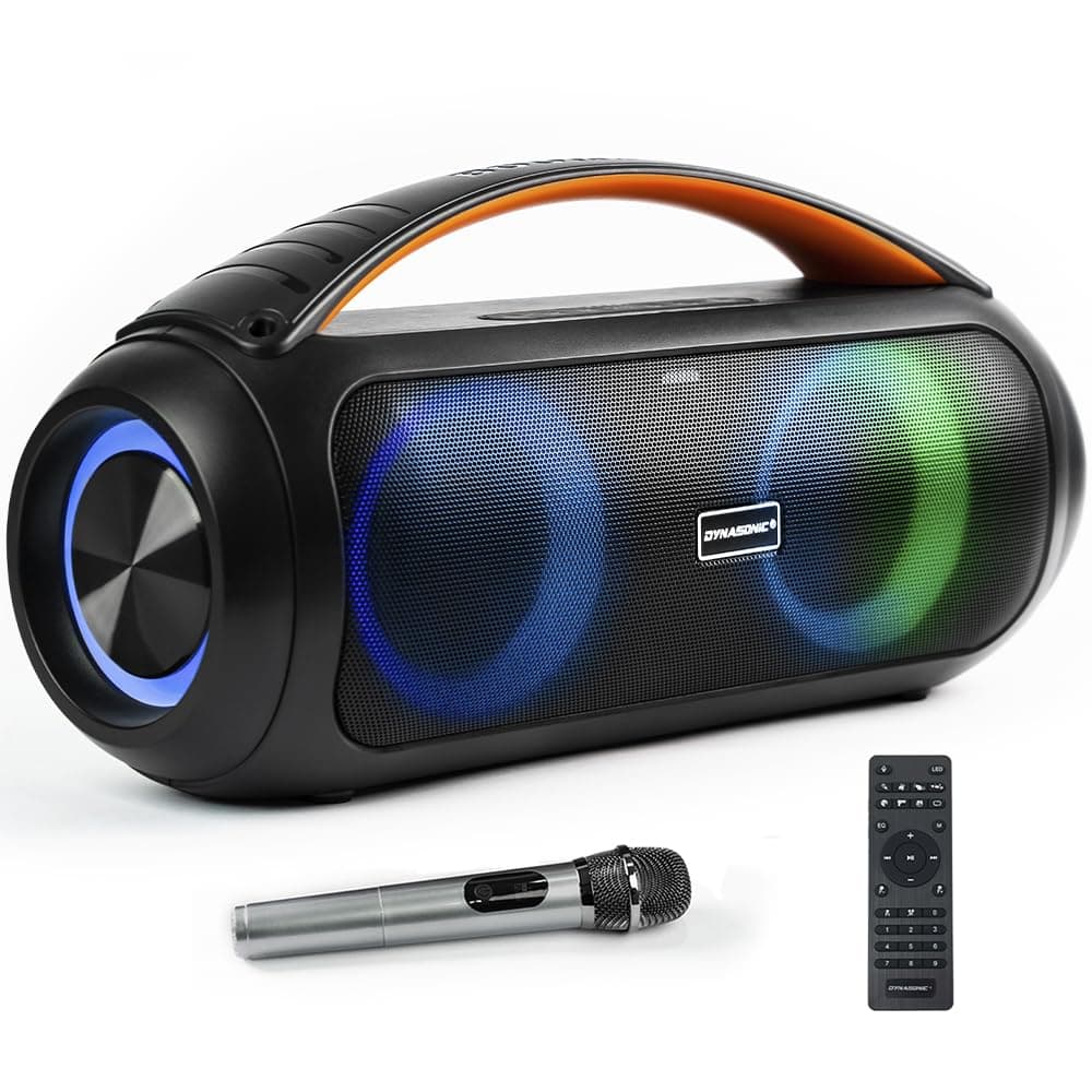 DYNASONIC D93 Tragbarer Bluetooth Lautsprecher IPX7. Kabelloser Outdoor-Lautsprecher. Stereoanlage. Soundplayer mit integrierten LED-Leuchten. Micro-SD, USB. S90 1 Mikrofon