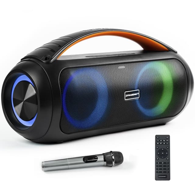 DYNASONIC D93 Tragbarer Bluetooth Lautsprecher IPX7. Kabelloser Outdoor-Lautsprecher. Stereoanlage. Soundplayer mit integrierten LED-Leuchten. Micro-SD, USB. S90 1 Mikrofon