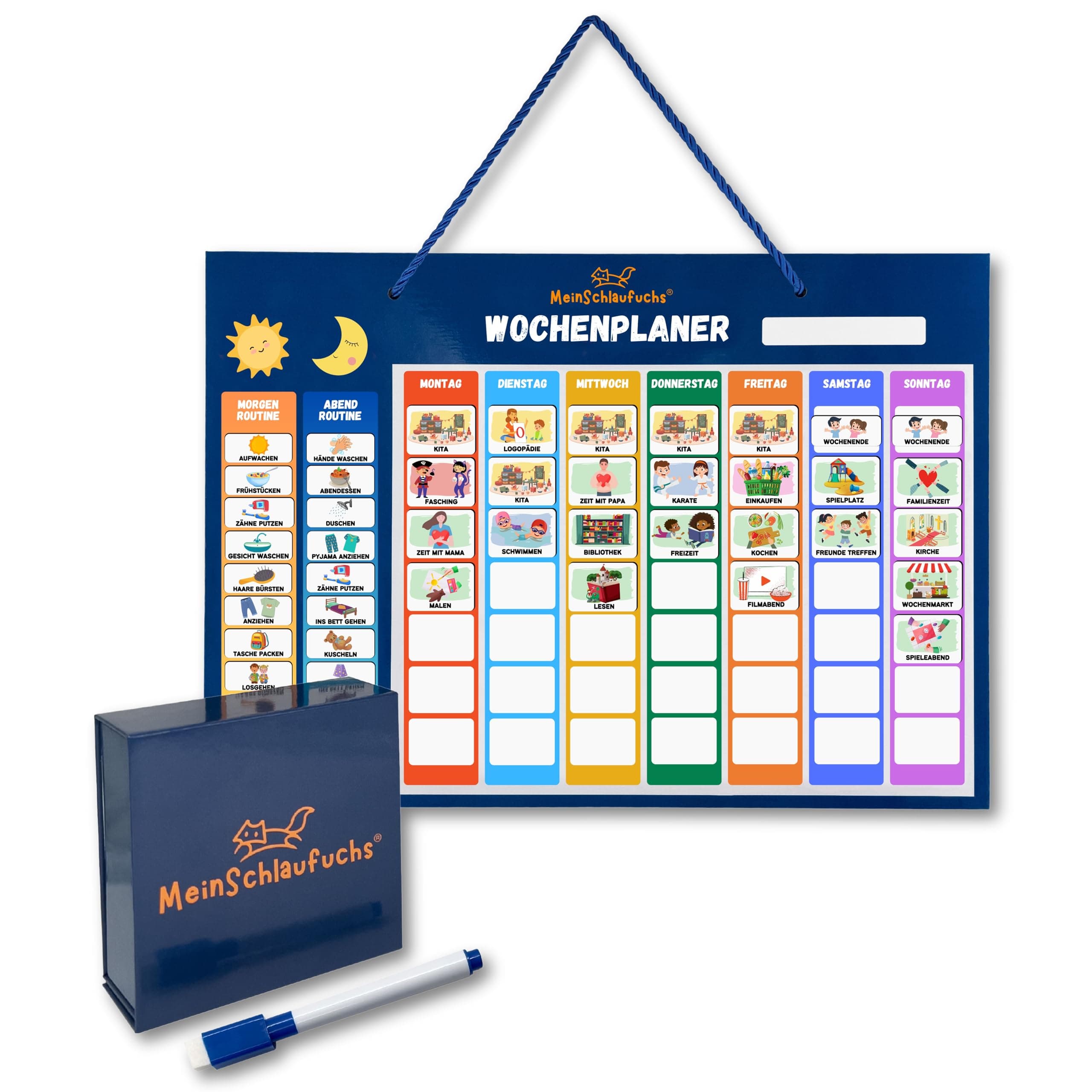 MeinSchlaufuchs® Wochenplaner Kinder - Montessori Magnettafel inkl. 250 Magnete, Aufbewahrungsbox, Kordel & Stift - beschreib- & abwischbar - Routine Planer Kinder - Kalender Kinder