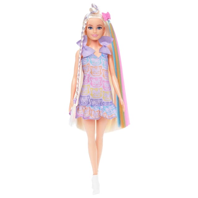 Barbie Fun & Fancy Puppe mit Accessoires, Modepuppe mit extra langem blondem Haar und 2 Looks, inklusive silberfarbenem Metallic-Kleid und Haarverlängerung, JCT72, [Mehrfarbig]