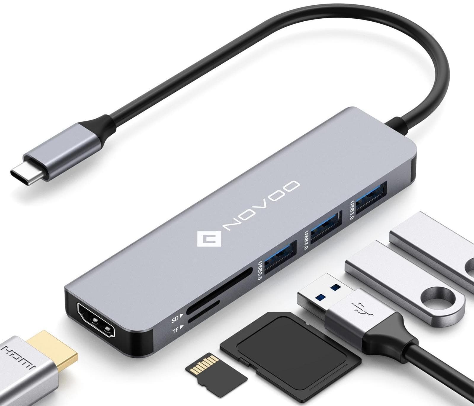 NOVOO USB C Hub 4K HDMI USB C Adapter mit MacBook Pro/Air M1 M2, Adapter auf HDMI 4K, 3 x USB 3.0, Kartenleser SD & Micro SD, Multiport Dock kompatibel mit Dell Surface Lenovo Hp mehr Typ C Geräten 6-in-1 grau.