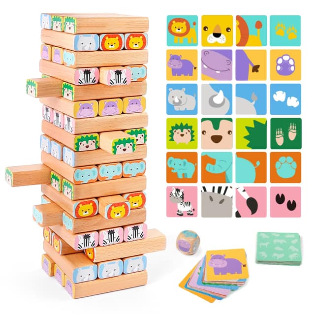 Nene Toys Holzklötze Stapelspiel - 4-in-1 Wackelturm Familien-Gesellschaftsspiel - Set: Bauklötze, Karten, Würfel - Afrika-Safari Lernspielzeug aus Holz für Kinder von 3-9 Jahren Lernspiel Tiere