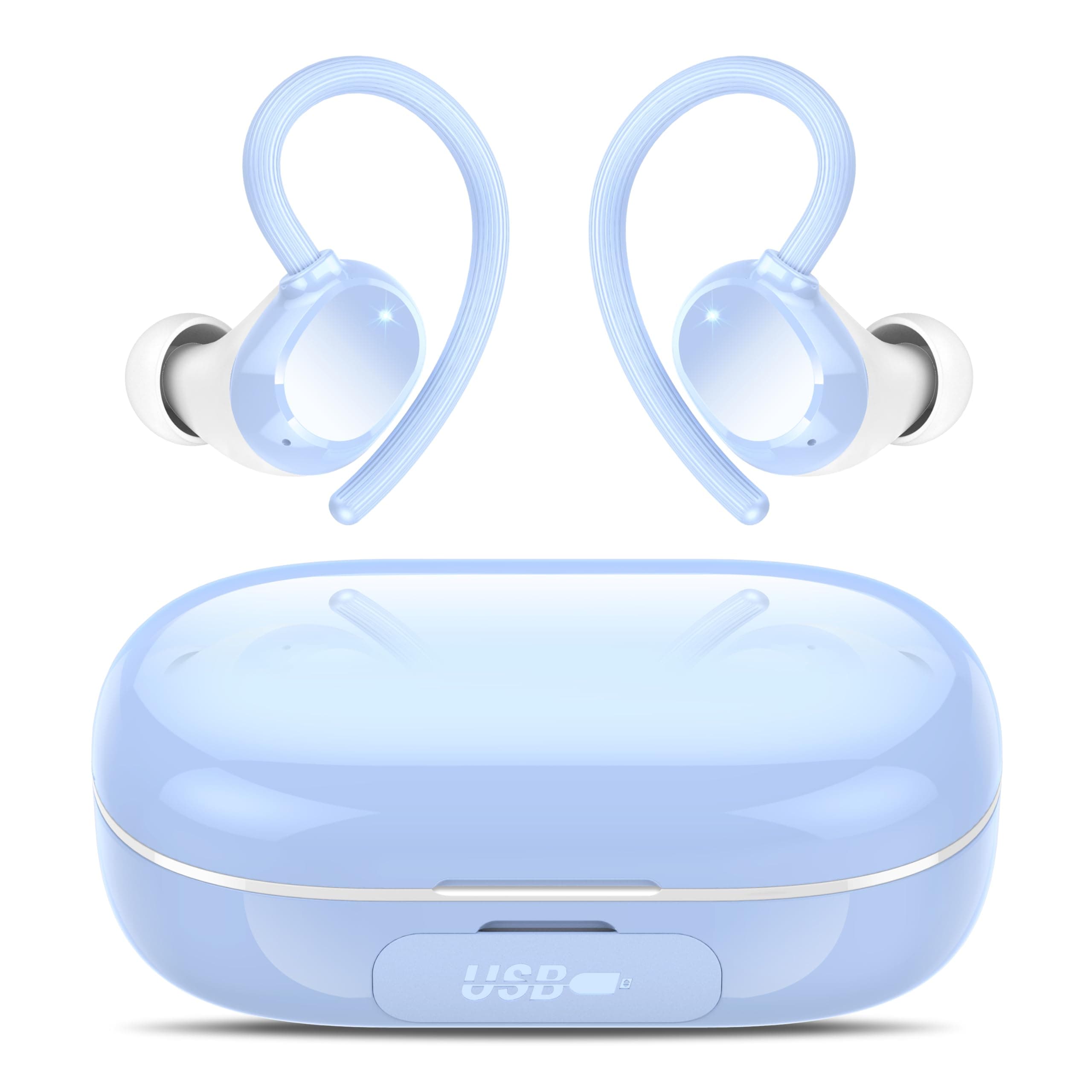 Lekaby Bluetooth Sports Headphones, Wireless Bluetooth 5.3 Headphones with HD Mic, 128 Hours Playtime with LED Display, Deep Bass, IP7 Waterproof Earphones Ear Hooks for Work, Study, Sports Himmelblau
