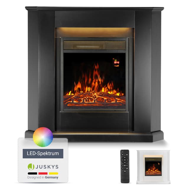 Juskys Elektrokamin 1000/2000 W mit Heizung, Kaminfeuer, Flammeneffekt, Fernbedienung, LED Beleuchtung & Timer - Elektrischer Kamin Eckkamin schwarz