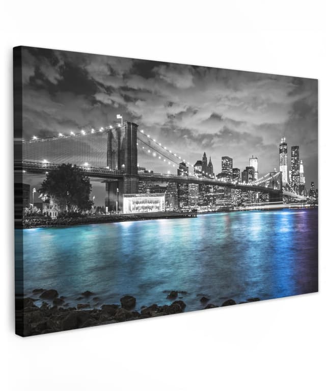 MuchoWow© Bilder 90x60 cm Wohnzimmer Deko Moderne Wandbild Kunstdruck auf Leinwand Bild Schlafzimmer über Bett Room Decor Geschenke New York - Skyline - Stadt - Blau New York - Skyline 60L x 90B cm