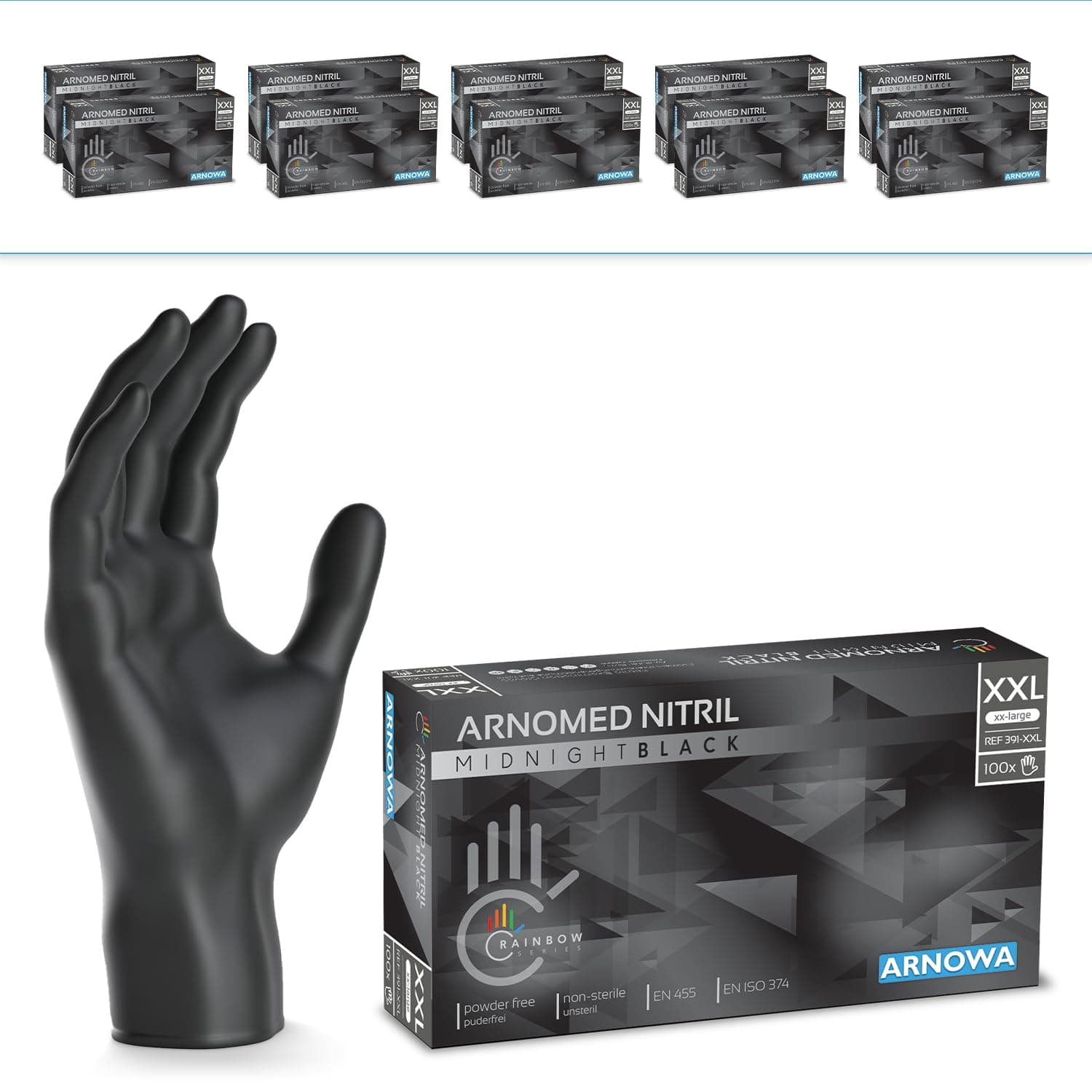 900 Stück (10x90) ARNOMED Einweghandschuhe Schwarz, Einmalhandschuhe XXL, Nitril Handschuhe Einweg, Nitrilhandschuhe puderfrei, Gummihandschuhe Einweg, Schutzhandschuhe Nitril XS, S, M, L, XL, XXL XXL schwarz 900
