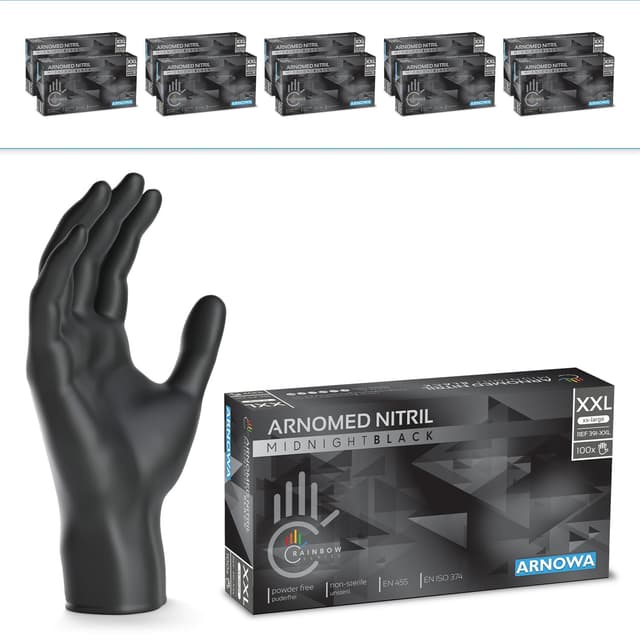 900 Stück (10x90) ARNOMED Einweghandschuhe Schwarz, Einmalhandschuhe XXL, Nitril Handschuhe Einweg, Nitrilhandschuhe puderfrei, Gummihandschuhe Einweg, Schutzhandschuhe Nitril XS, S, M, L, XL, XXL XXL schwarz 900