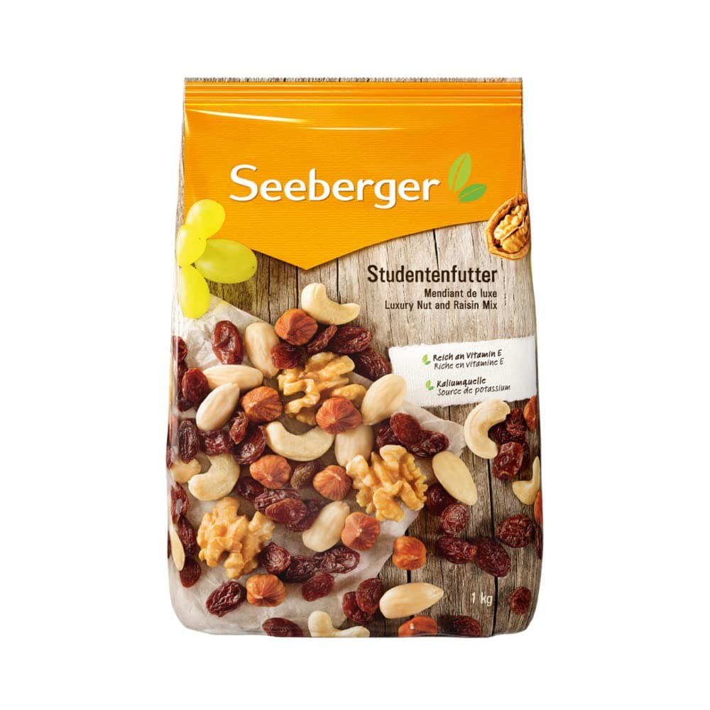 Seeberger Studentenfutter: Klassische Nuss-Frucht-Mischung aus Haselnusskernen, Mandeln, Walnüssen & Cashewkernen, mit Rosinen - reich an Vitamin E, vegan (1 x 1 kg)