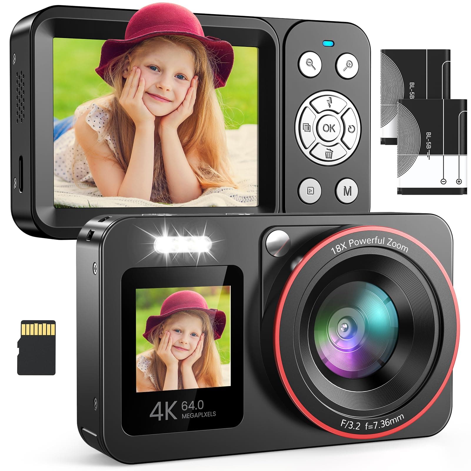 Digitalkamera 4K 64MP FHD Fotokamera für Kinder Fotoapparat 18X Digitalzoom Fotokamera Kompaktkamera mit 2 Bildschirme, 64GB SD Karte für Kinder Teenager Anfänger, Schwarz black