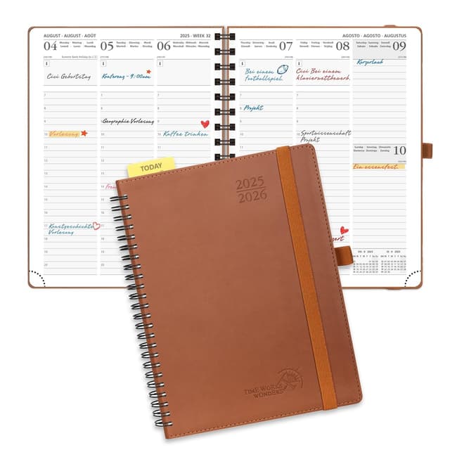 POPRUN Kalender 2025 2026 Wochenplaner (Aug.2025-Dez.2026) Ringbuch mit Softcover, ca. A5 (22 x 16,5 cm), 17-Monate-Terminplaner 1 Woche 2 Seite mit Zertifiziertem Papier - Braun Medium-22 x 16,5 cm Braun