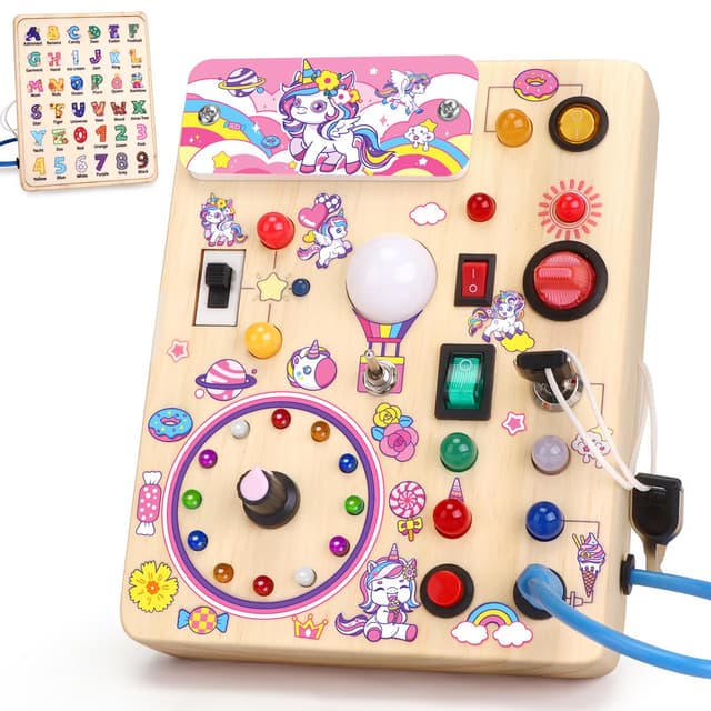 Konijiwa Einhorn Montessori Busy Board Spielzeug ab 1 Jahr Activity Board Spielzeug ab 2 Jahre Holzspielzeug mit 10 Schalter 23 LED-Leuchten Spielzeug Sensory Learning Toys für 1 2 3 Jahre Mädchen