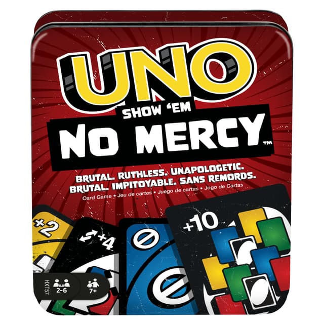 Mattel Games UNO No Mercy Kartenspiel in Einer Aufbewahrungsdose zum Mitnehmen für Kinder, Erwachsene und Familienabende mit zusätzlichen Karten, Sonderregeln und härteren Strafen, HXT57 Red - Uno No Mercy