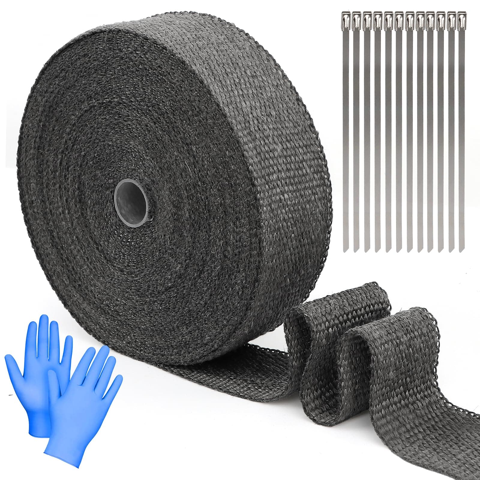 Hitzeschutzband 20M, Basaltfaser Hitzeschutzband Auspuff, mit 12 Kabelbinder und 1 Paar Gummihandschuhe, Basaltfaser Auspuffband Kabelbaum für Kraftfahrzeuge Grau 20M