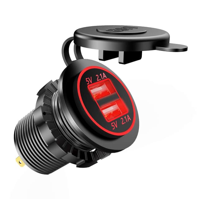 TurnRaise Auto USB Ladegerät KFZ USB Steckdose 5V 4.2A Schnellladung mit LED Anzeige, 2 USB-Ports, IP66, Ladestecker für 12 – 24 Volt (Rot)
