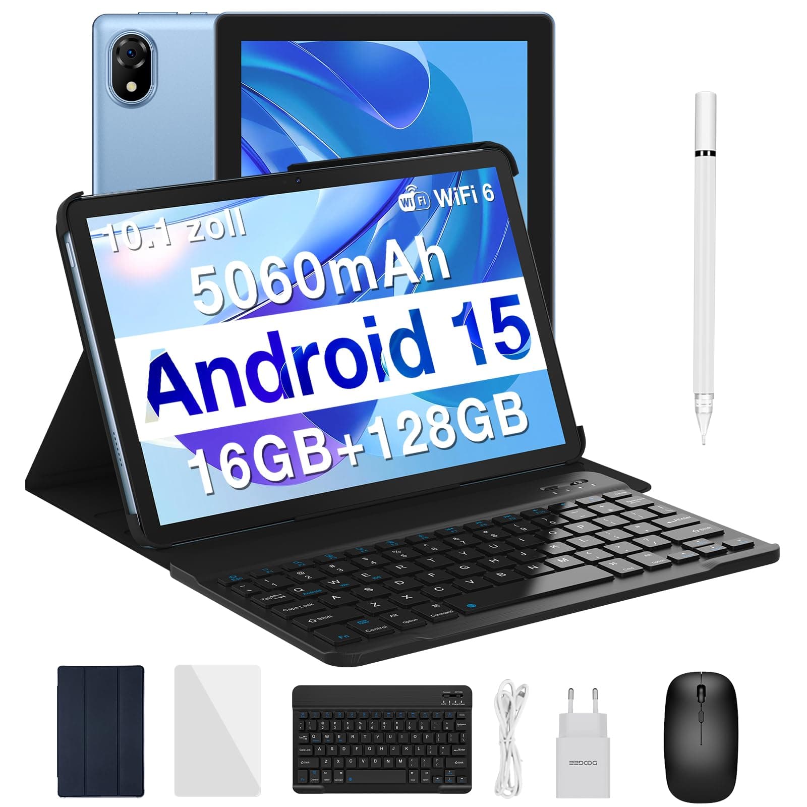 DOOGEE U10 Android 15 Tablet 10 Zoll, 16GB RAM+128GB ROM(2TB TF) Tablet mit Tastatur, WiFi 6 Gaming Tablets Widevine L1, 8MP+5MP, 5060mAh, Kinder Tablets mit Stift, Tastatur, Maus, Hülle, Schutzfolie (Android 15)Blau