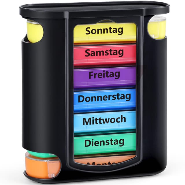 Opret Tablettenbox 7 Tage mit 4 Fächer für Morgens Mittags Abends Nachts, Medikamentenbox Pillenbox Pillendose Tablettendose Tabletten Wochenbox Organizer Supplement Box Schwarz