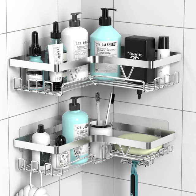 Kegii Duschablage Ecke, Duschregal ohne Bohren Edelstahl, Badezimmer Regal, Shampoo Halterung für Dusche 2 Stück Silber