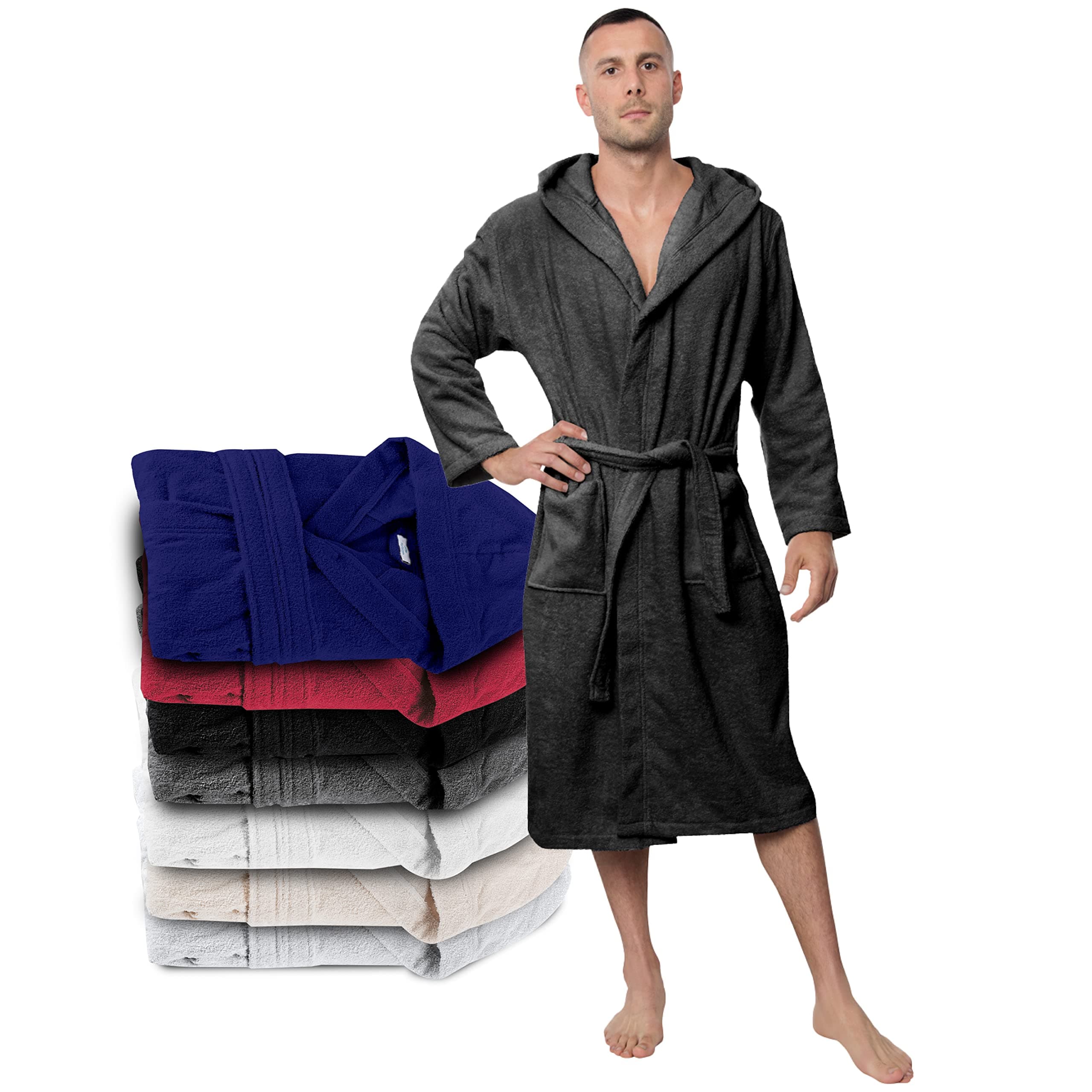 Twinzen Bademantel Herren - 100% Baumwolle (350g/m²) Oeko-TEX® Zertifiziert - Bademantel mit Kapuze, 2 Taschen, Gürtel