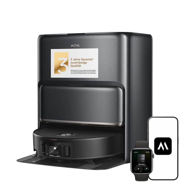 Mova Z60 Ultra Roller Complete Merkmale des Saugroboters : HydroForce-Wischen, AutoShield-Technologie, LiftPro-Gehäuse und StepMaster 2.0-System, 28.000 Pa Saugkraft, Wischen mit DuoSolution-System