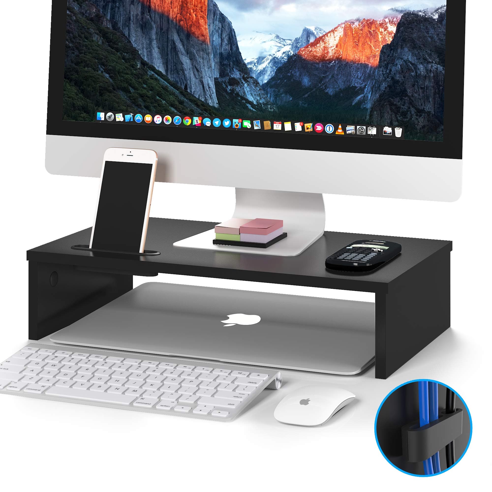 BONTEC Monitorständer, Unterbau Bildschirm, Ständer mit Handyhalter, ergonomischem Druckerständer mit Kabelführung für Laptop, Computer, Notebook, iMac, PC, 42CM, Schwarz W420 x D235 x H104mm
