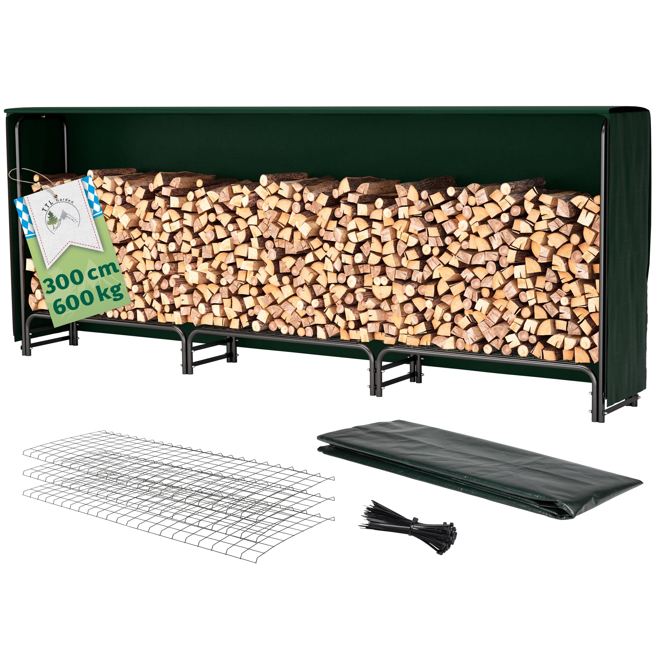 TTL Garden Kaminholzregal L 300x36x116cm schwarz mit Abdeckung - für aussen & innen, bis 600kg Holz wetterfeste Schutzplane - Metall Stahl Rohrrahmen rostfrei Holzunterstand Holzregal für Kaminholz 300x36x116cm = L