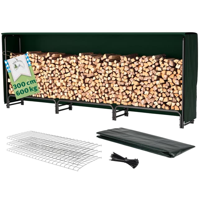 TTL Garden Kaminholzregal L 300x36x116cm schwarz mit Abdeckung - für aussen & innen, bis 600kg Holz wetterfeste Schutzplane - Metall Stahl Rohrrahmen rostfrei Holzunterstand Holzregal für Kaminholz 300x36x116cm = L