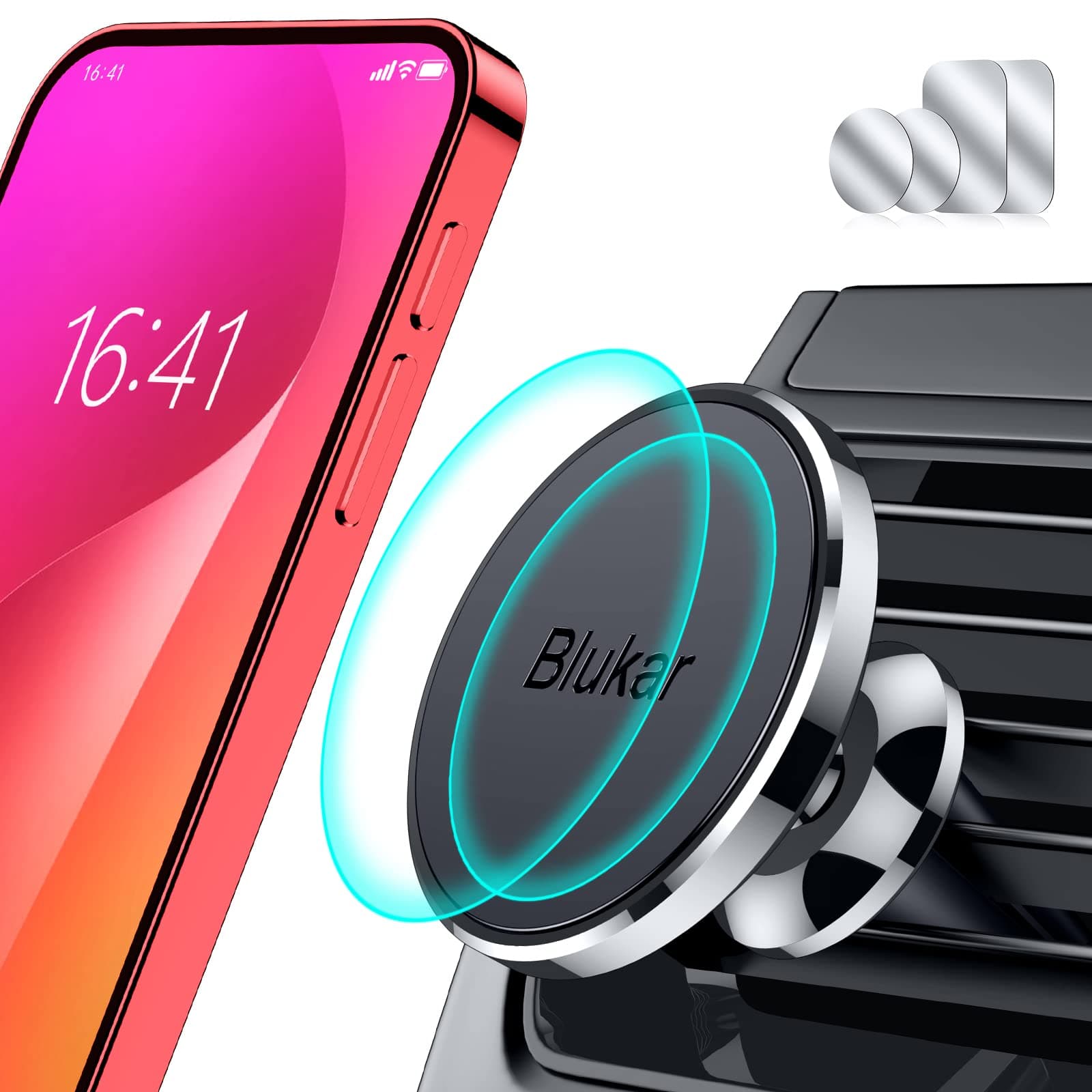 Blukar Handyhalterung Auto Lüftung, Universale 360° Magnetisch KFZ Handyhalter Auto Zubehör mit 5 Starke Magnet & 4 Metallplatten, Kompatibel mit iPhone 16 Plus/15/14/13, Galaxy, Mate usw. Schwarz