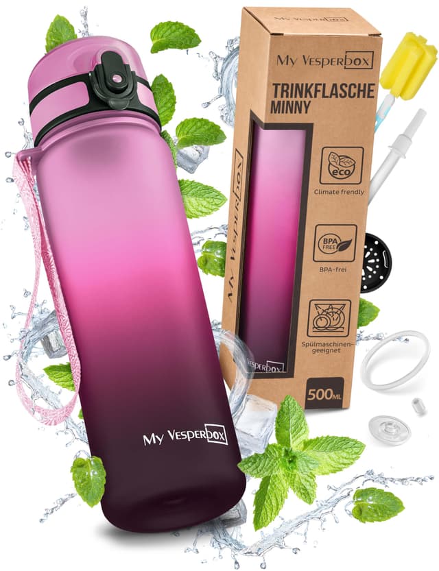 My Vesperbox Minny Kinder-Trinkflasche 500ml – Auslaufsicher & BPA-frei – inkl. Ersatzdichtung, Reinigungsbürste, Fruchtsieb & optionalem Strohhalm – Ideal für Schule, Kindergarten & Sport 500 ml Rose - Lila - Schwarz