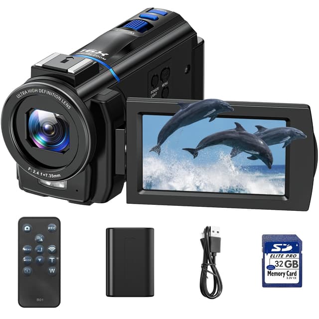 Videokamera 4K, 48MP Camcorder Vlogging Camera für YouTube, 16X Digitalzoom Nachtsicht Vlog Kamera, 3" 270° drehbarer Touchscreen Webcam Video Camera 4K mit 32GB SD-Karte, Fülllicht, Fernbedienung 4K-48MP