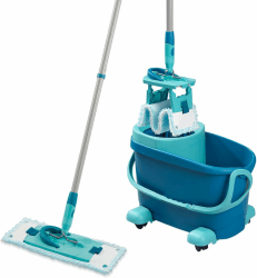 Leifheit Set CLEAN Twist M Flachwischer Ergo 2.0 mit Rollen, Bodenwischer mit Supersoft Bezug für nebelfeuchte Reinigung auf Parkett, Laminat und Echtholz, Mop mit Schleudertechnologie Eco Verpackung Set Clean Twist M Ergo 2.0 mit Rollen