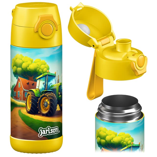 Jarlson® Trinkflasche Kinder MALI - Thermo Edelstahl Wasserflasche - BPA frei - auslaufsicher - Kinderflasche mit Chug Deckel- Flasche für Schule, Kindergarten - Traktor, 350 ml 350 ml Traktor
