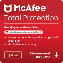 McAfee Total Protection (1 Geräte) 2025 | 12 Monate|Secure VPN, Sicherheitssoftware mit Virenschutz, Kennwort-Manager, Identitätsüberwachung | Digitaler download Activation code via email 12 Monate 1 Gerät Angebot bei HelloDeals