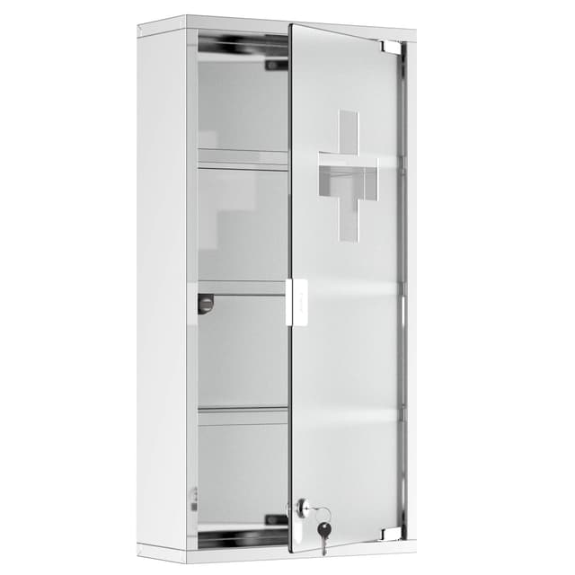 HOMCOM Medizinschrank Arzneischrank aus Edelstahl, Abschließbar Medikamentenschrank mit 4 Fächern, Glastür Apothekerschrank zur Medikamenten-Aufbewahrung, 30 x 12 x 60 cm Silber B30 x T12 x H60 cm