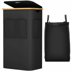 OUSFOT Wäschekorb mit Deckel 105L, Wäschesammler mit Griffen aus Bambus, Laundry Basket Wasserdicht aus 600D Oxford Stoff mit Abnehmbarem Wäschesack, Fronttasche, für Waschküche Schlafzimmer, Schwarz