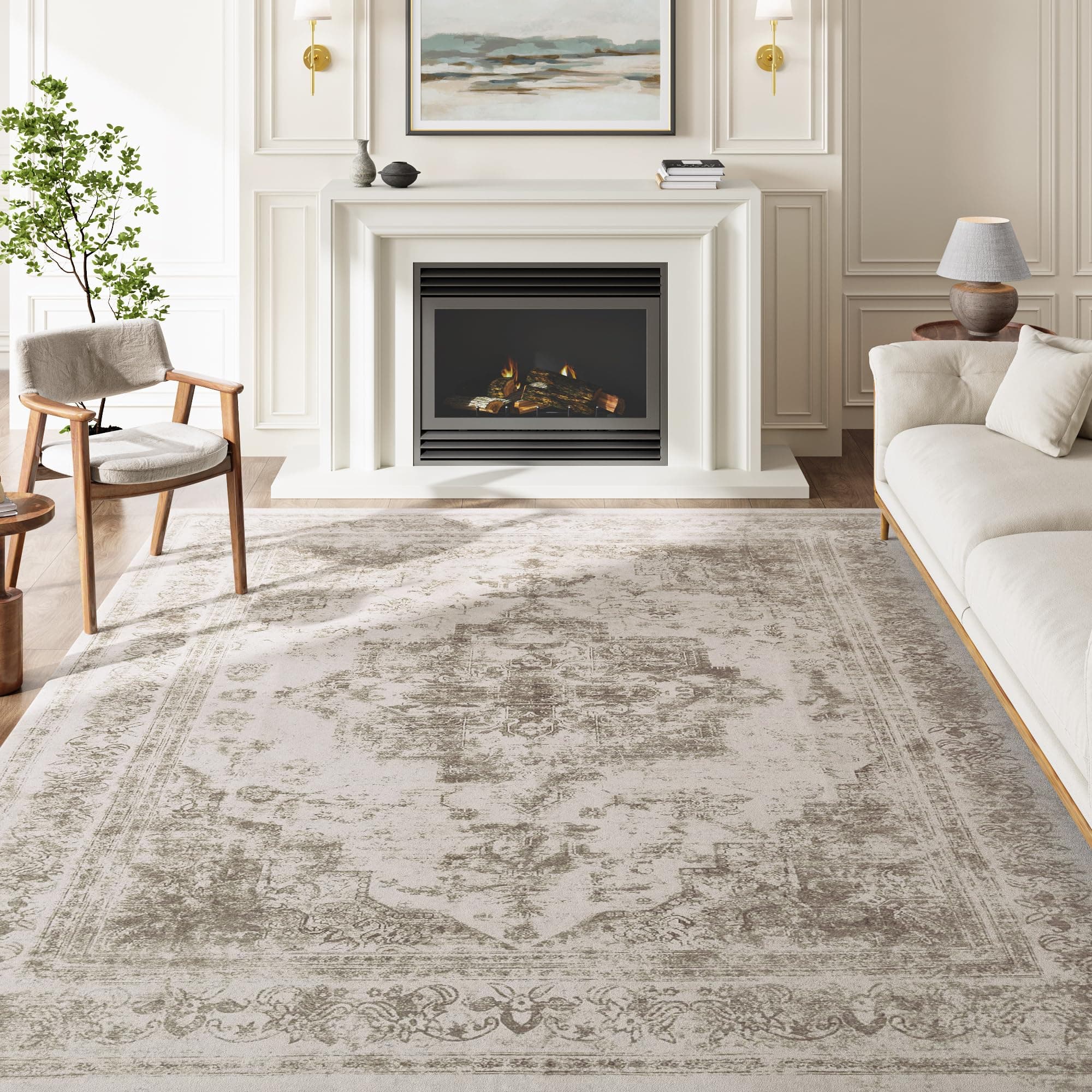 HUGEAR Vintage Beige Waschbarer Teppich Wohnzimmer 240x300cm Retro Rugs for Living Room Weich rutschfest Groß Tepich Kurzflor Schlafzimmer Carpet Living Room Bedroom Esszimmer Teppiche Büro Notleidende | Beige 240 x 300 cm (Rechteckig)