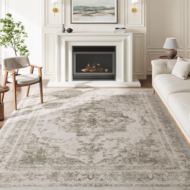 HUGEAR Vintage Beige Waschbarer Teppich Wohnzimmer 240x300cm Retro Rugs for Living Room Weich rutschfest Groß Tepich Kurzflor Schlafzimmer Carpet Living Room Bedroom Esszimmer Teppiche Büro Notleidende | Beige 240 x 300 cm (Rechteckig)